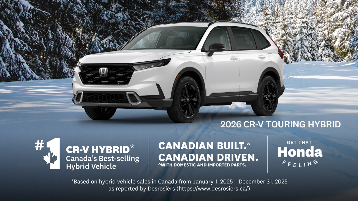 A white Honda CR-V parked on a wintery road with snow covered trees behind. 