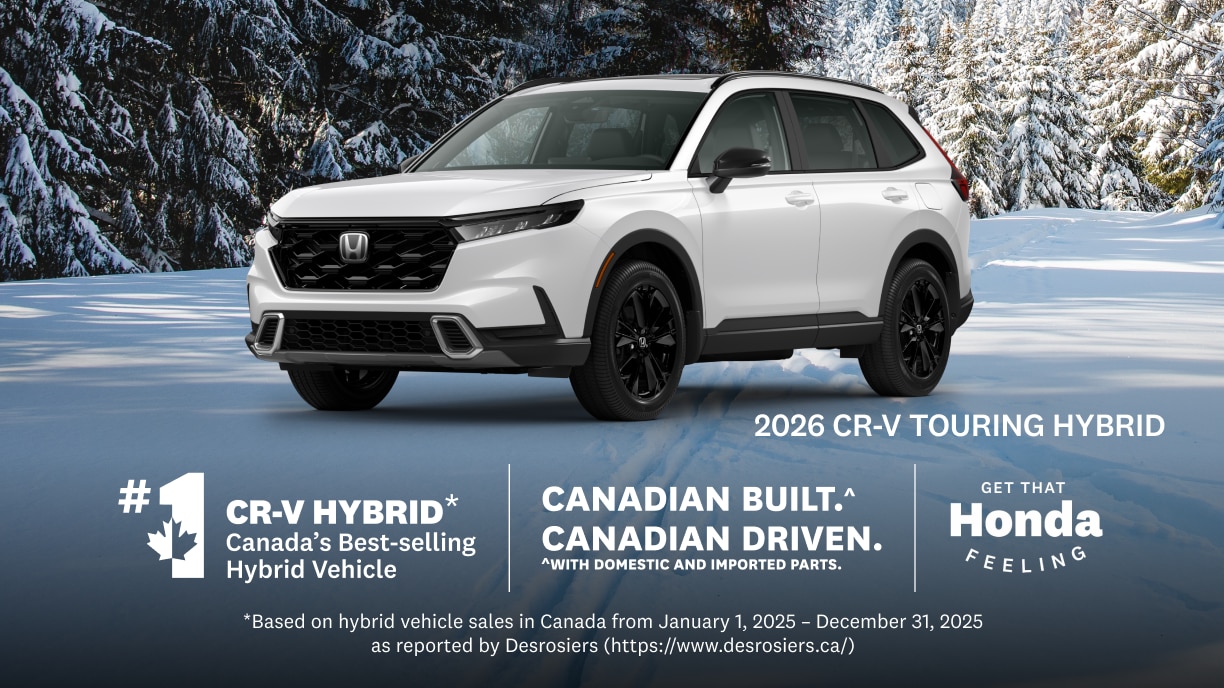 A white Honda CR-V parked on a wintery road with snow covered trees behind.