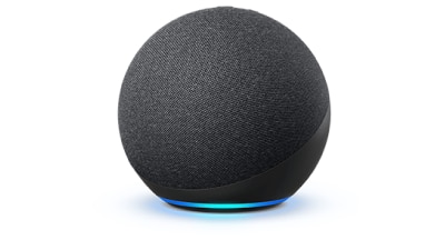 Closeup of Amazon Alexa speaker on white space.