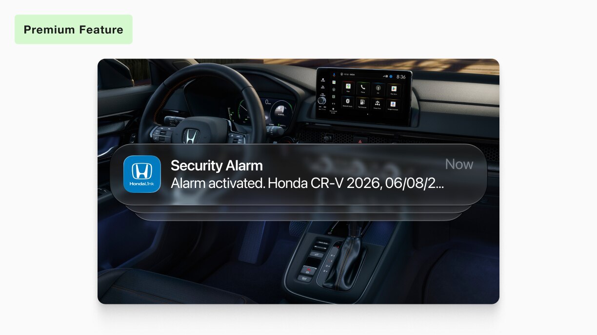 Screencapture of HondaLink app demonstrating a security alert notification. 