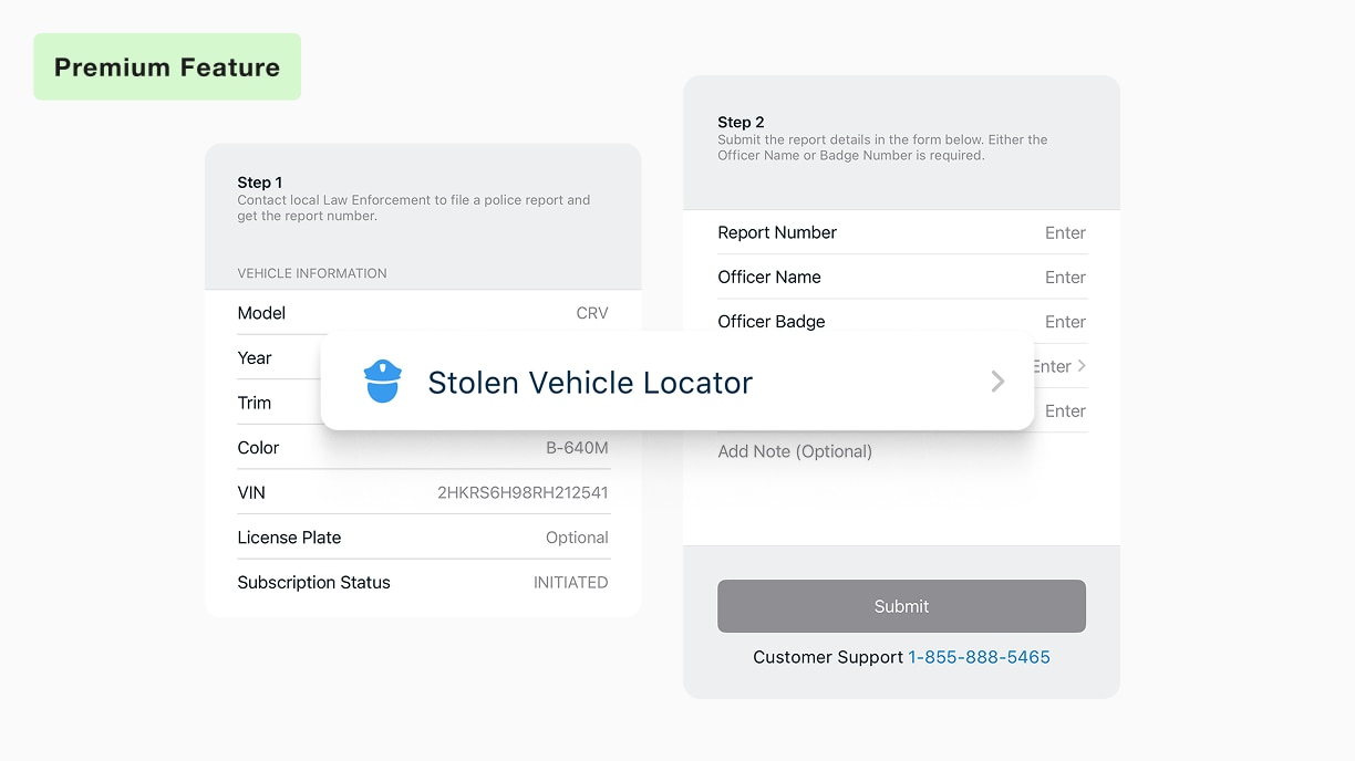 Screencapture of HondaLink app demonstrating stolen vehicle service.