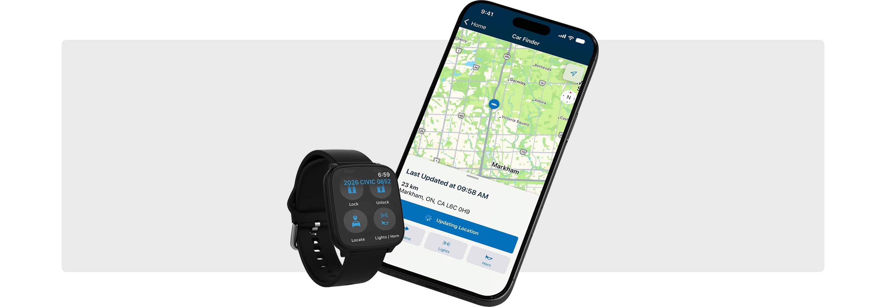 Smartphone and smartwatch depicting the HondaLink app. 