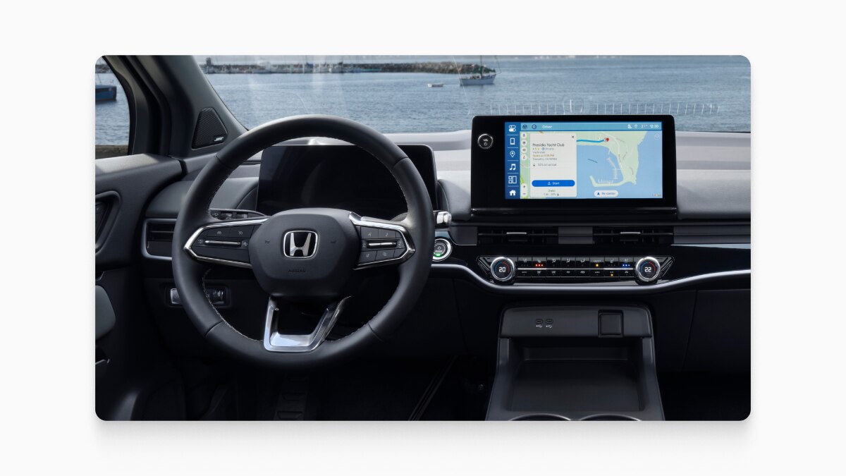 Honda vehicle interior with Google Maps opened on the screen. 
