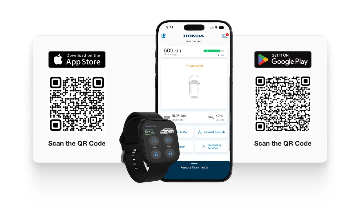 Smartphone and smartwatch depicting the HondaLink app. 