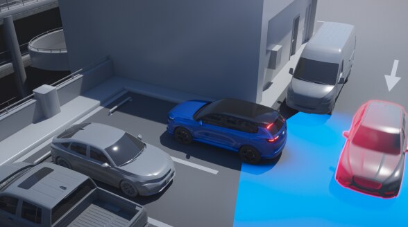 Digital rendering of a vehicle reversing out of a parking spot. A blue graphic overlay highlights the area behind it, detecting another vehicle in its path. 