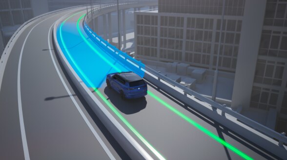 Graphic display of a vehicle on an elevated highway with green sensors emitting from the vehicle. 