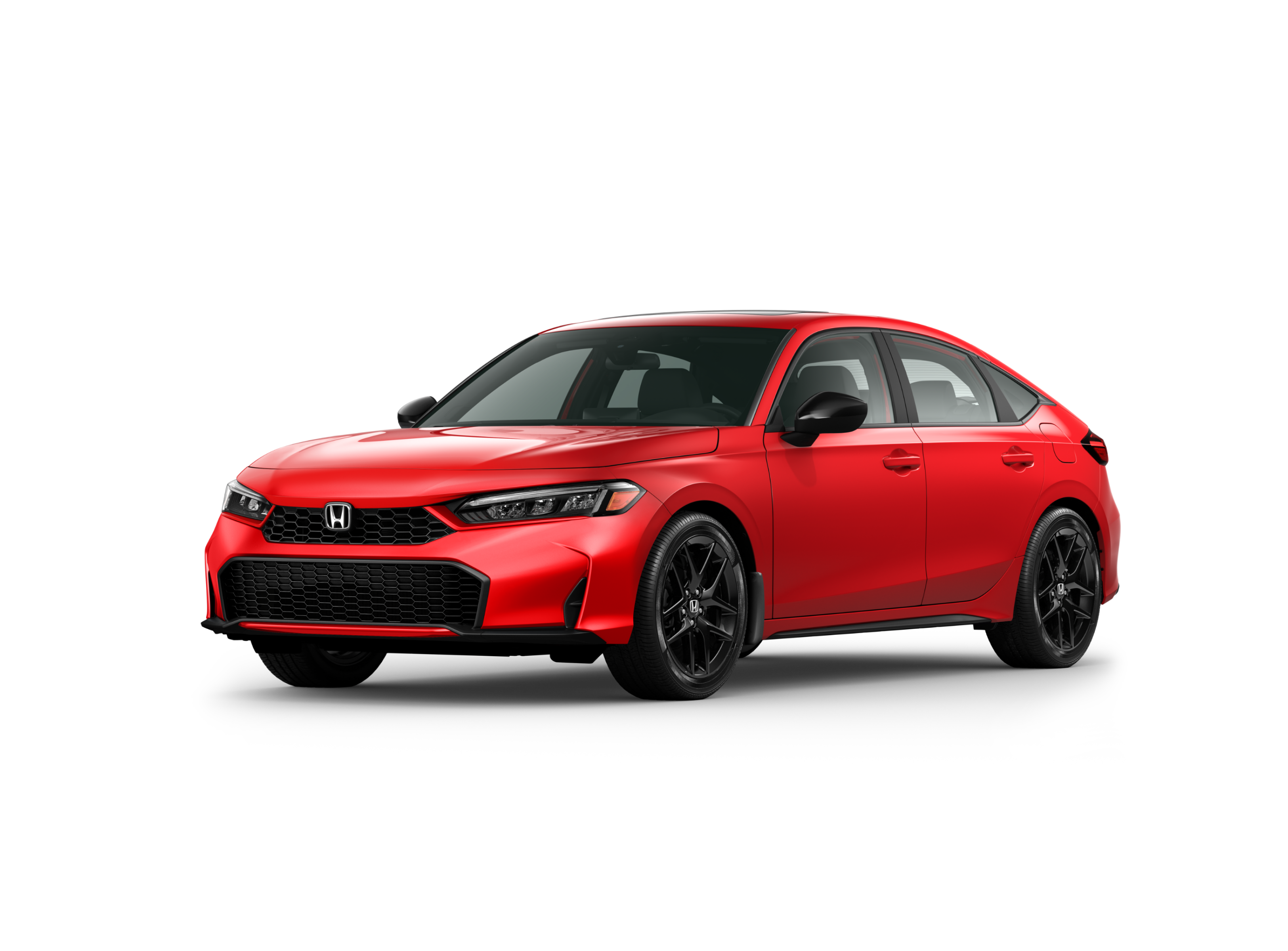 Vue ¾ avant côté conducteur du modèle Civic à hayon Sport hybride 2026 en rouge ralley