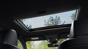 Plan de trois quarts en contre-plongée du toit ouvrant vitré ouvert avec arbres visibles à l’arrière-plan.