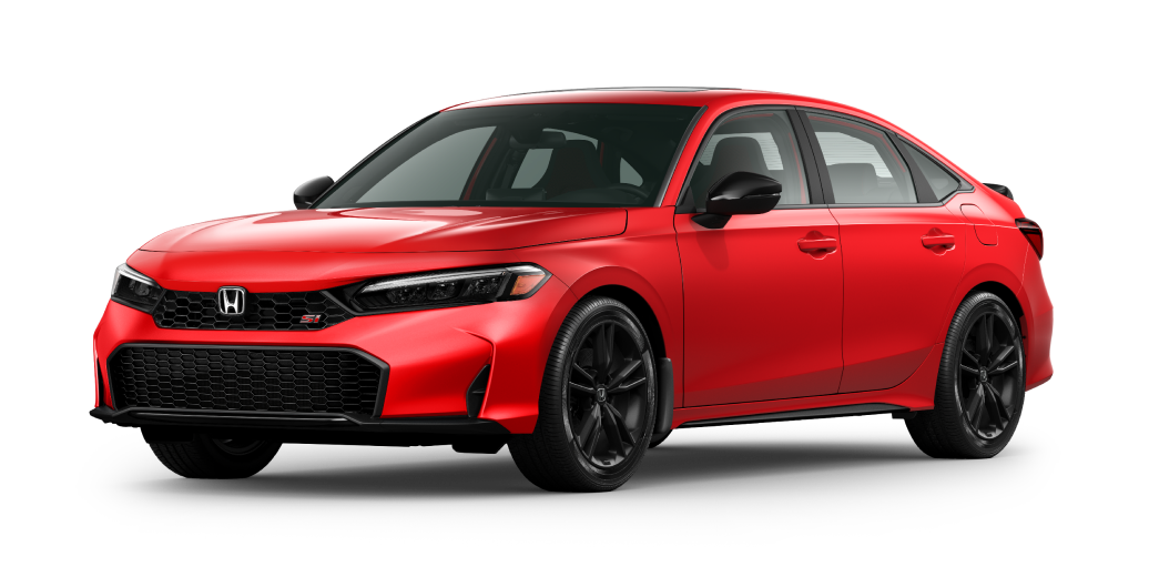 Plan de trois quarts avant d’une Civic Si rouge sur fond blanc.