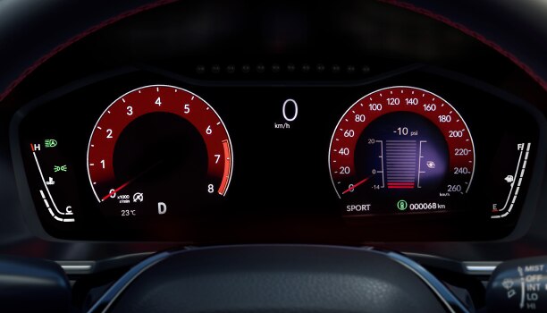 Closeup of TFT Driver Meter Display showing tachometer, speedometer, odometer, etc.