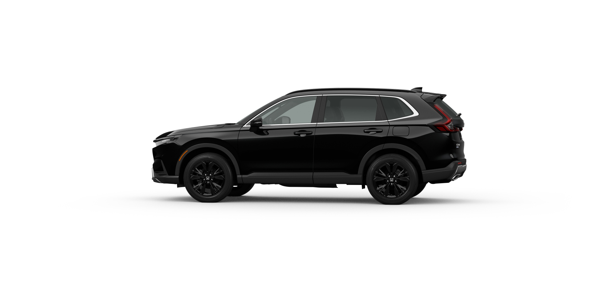 Vue latérale du côté conducteur de la CR-V Sport Touring 2025 de couleur noir cristal nacré sur fond blanc.