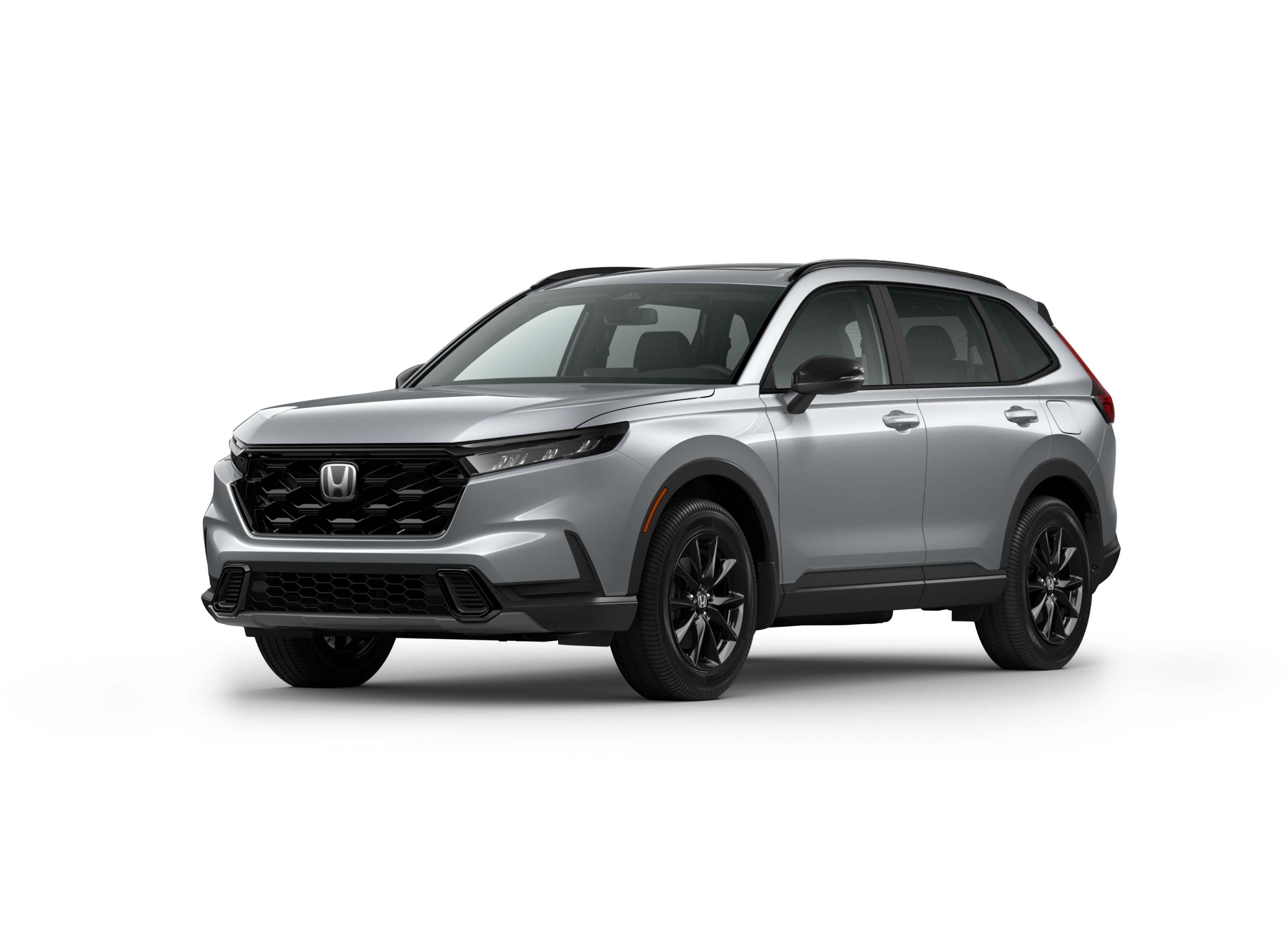 ¾ driver side front facing view of 2026 CR-V Sport Hybrid model in Solar Reflection Silver Metallic colour