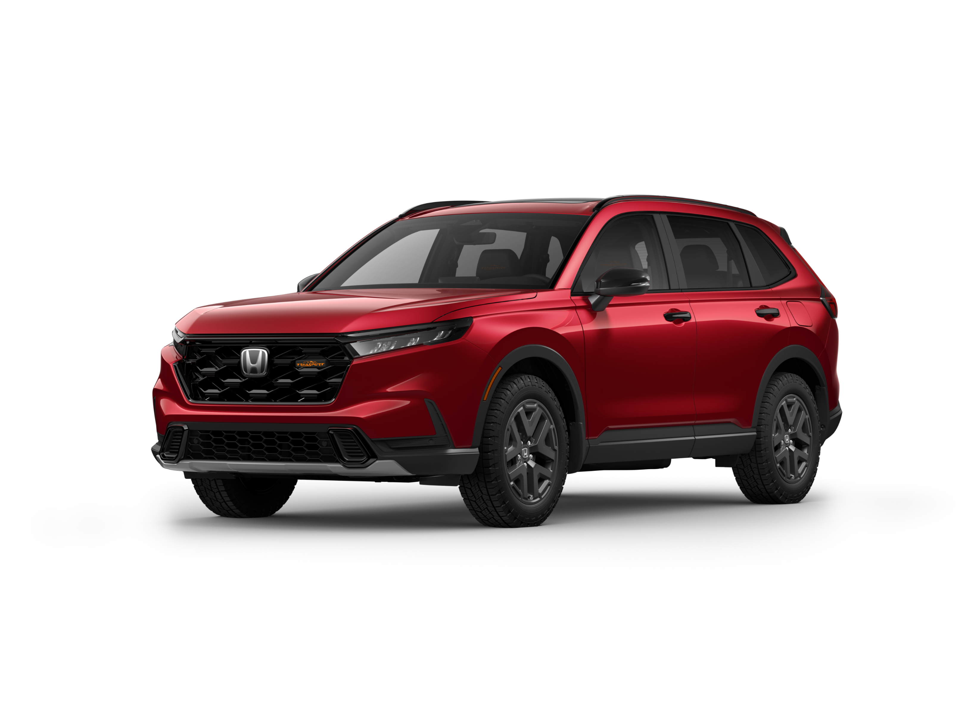 ¾ driver side front facing view of 2026 CR-V TrailSport Hybrid model in Radiant Red Metallic colour