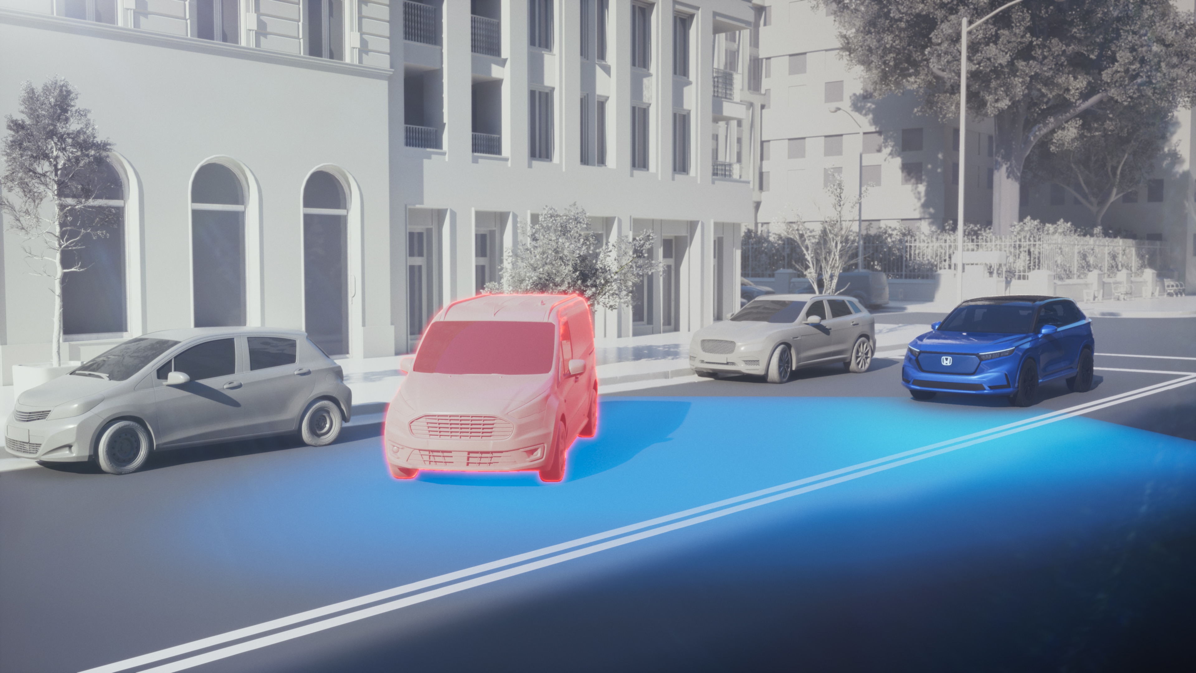 Graphic illustration of a a vehicle with blue lights emanating from the front on a city street, detecting a potential collision.