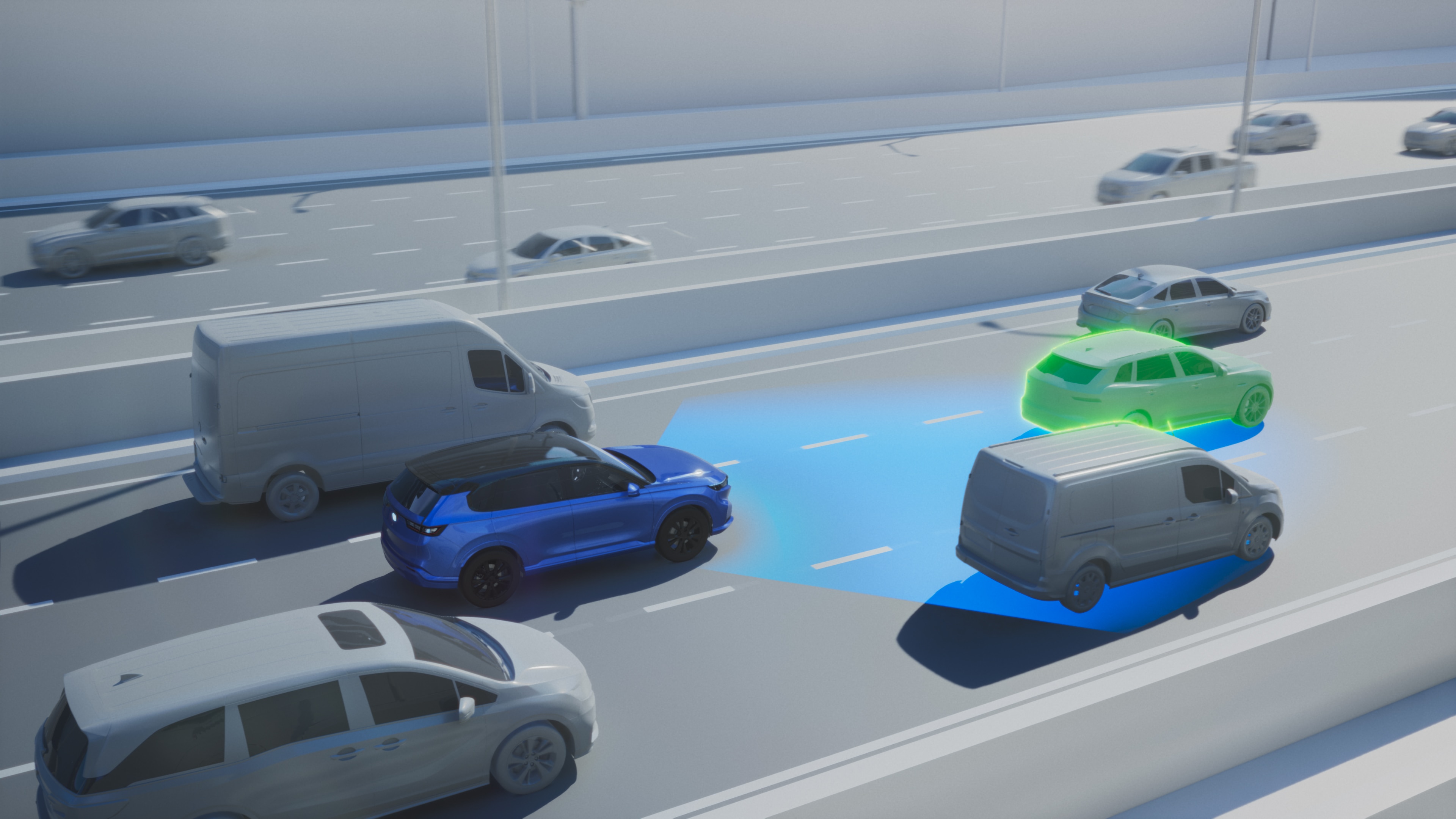 Digital rendering of a vehicle driving on a busy highway with a swath of blue light emanating from the front. The vehicle ahead of it is highlighted in green.
