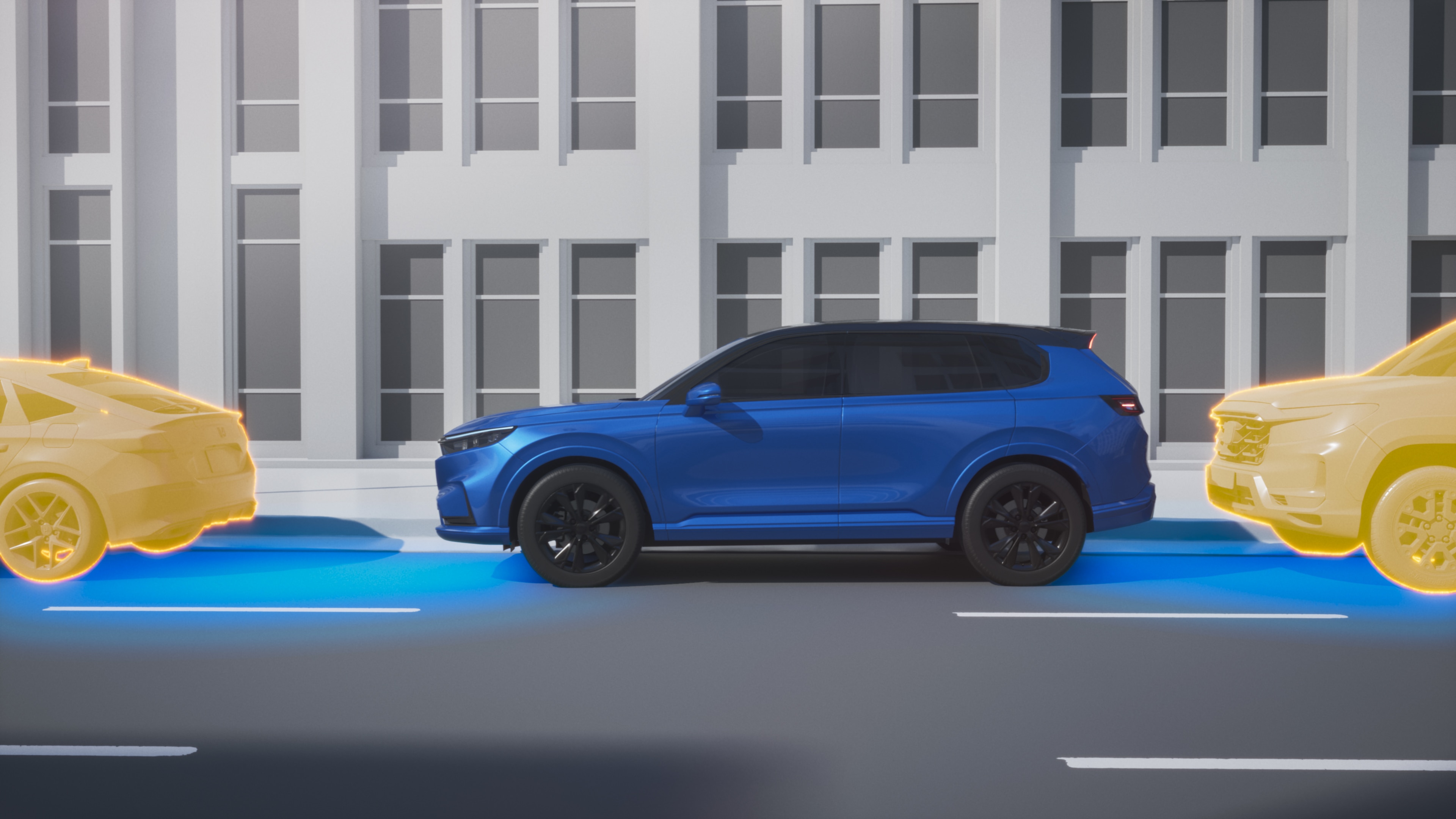 Graphic illustration of a vehicle with blue sensors detecting objects in front and behind. 