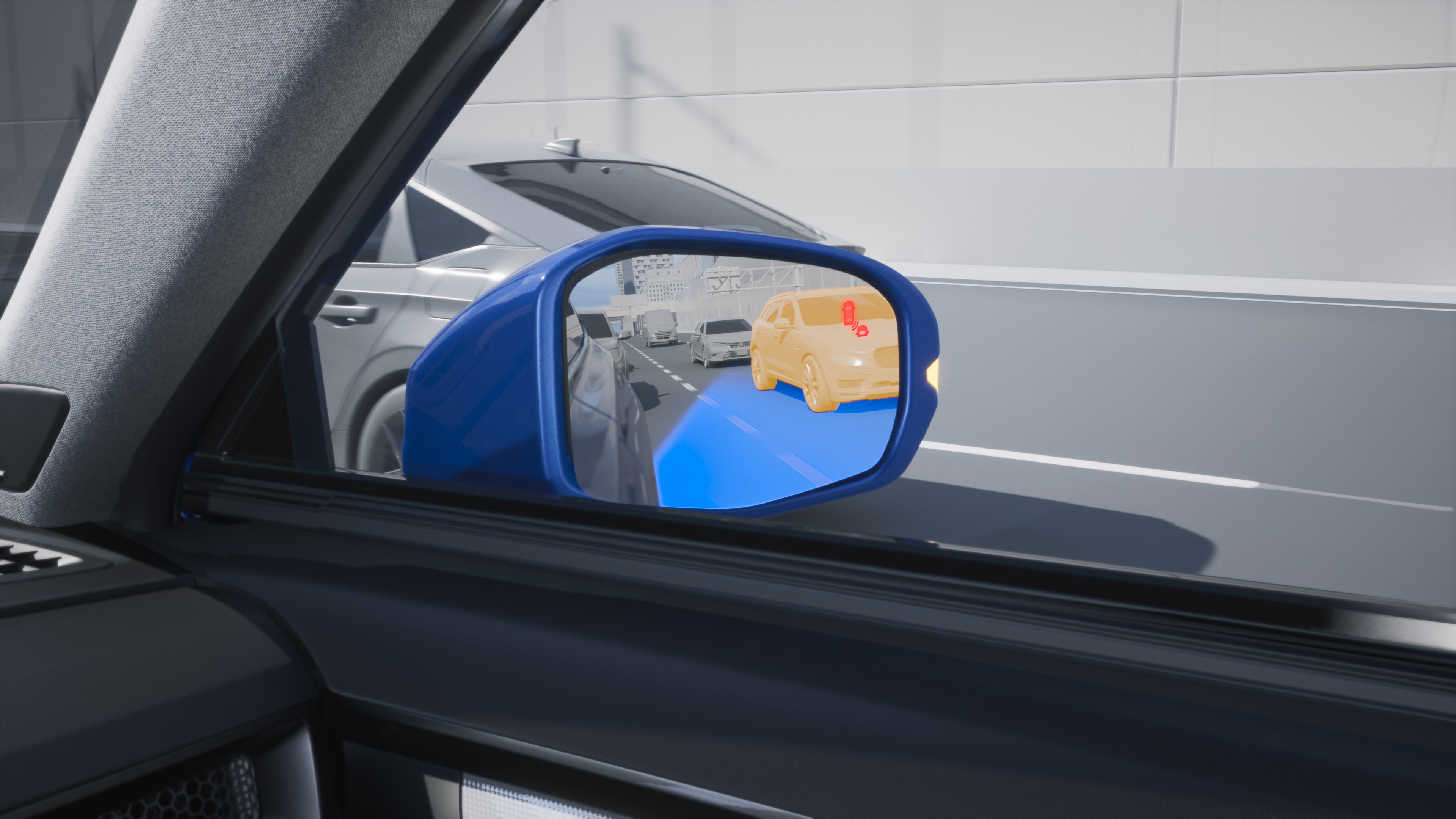 Closeup of driver's side mirror with Blind Spot alert activated. A highlighted vehicle appears in the mirror's reflection.