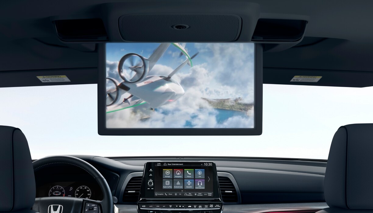 Interior closeup view of video playing on the ceiling display screen.