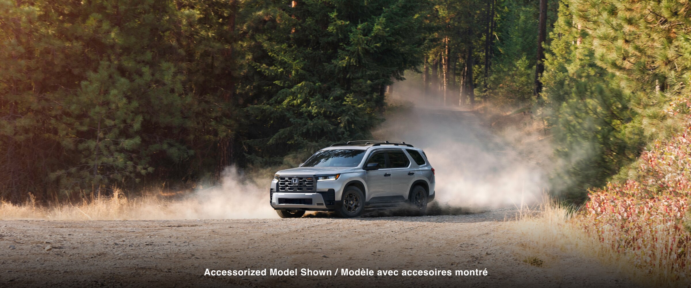 3/4 front side view of a silver Pilot driving on a dirt road through a forest, with dust trailing behind its wheels. 