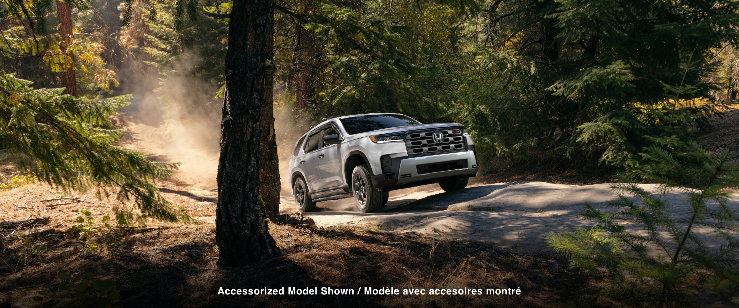 3/4 front side view of a white Pilot driving on a bumpy road through the forest, with sunlight streaming through the trees. 