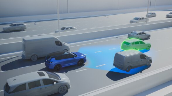 Digital rendering of a vehicle driving on a busy highway with a swath of blue light emanating from the front. The vehicle ahead of it is highlighted in green.