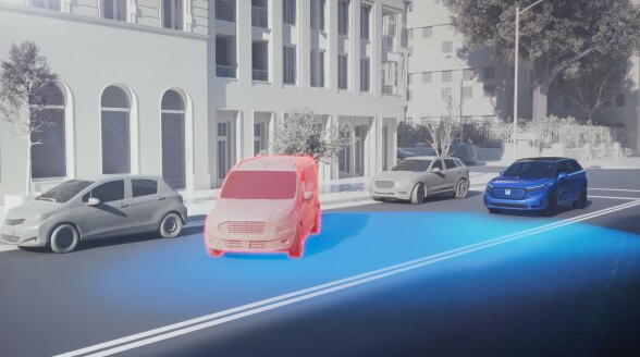 Graphic illustration of a vehicle driving on a city street. Blue lights emanate from the front, detecting a potential collision with another vehicle on the road.