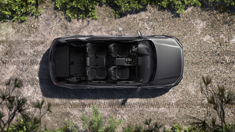 Top-down view of a grey Pilot with the roof removed, showcasing its interior.