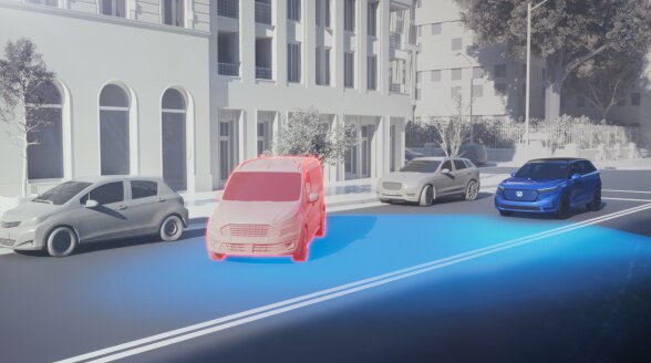 Graphic illustration of a a vehicle with blue lights emanating from the front on a city street, detecting a potential collision. 