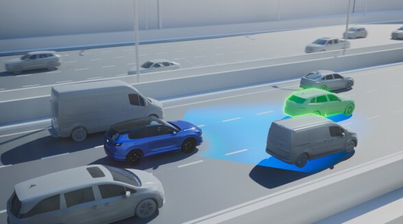 Digital rendering of a vehicle driving on a busy highway with a swath of blue light emanating from the front. The vehicle ahead of it is highlighted in green.