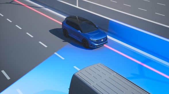 Digital rendering of a blue vehicle on a city highway with blue graphic overlay. The side of the road is highlighted in red, demonstrating sensors detecting the vehicle drifting out of the lane.