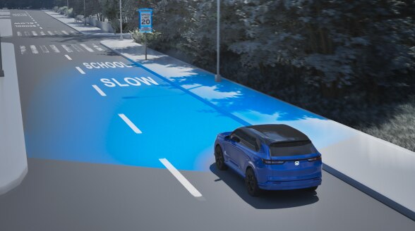 Overhead illustration of a CR-V with blue lights emanating from the front.