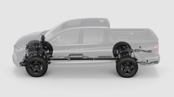 Vue latérale d’un Ridgeline translucide sur fond blanc mettant en valeur les pneus, le système de freinage, le moteur et une partie du châssis.
