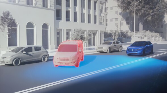 Graphic image of a vehicle with blue lights emanting from the front. 