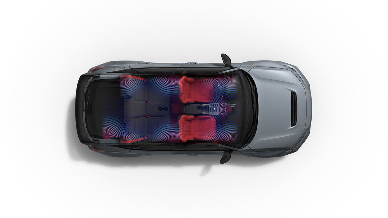 Vue en plongée d’une Type R grise dans un espace blanc sans toit. Ondes bleu-mauve émises, indiquant l’emplacement des haut-parleurs BOSEMD.