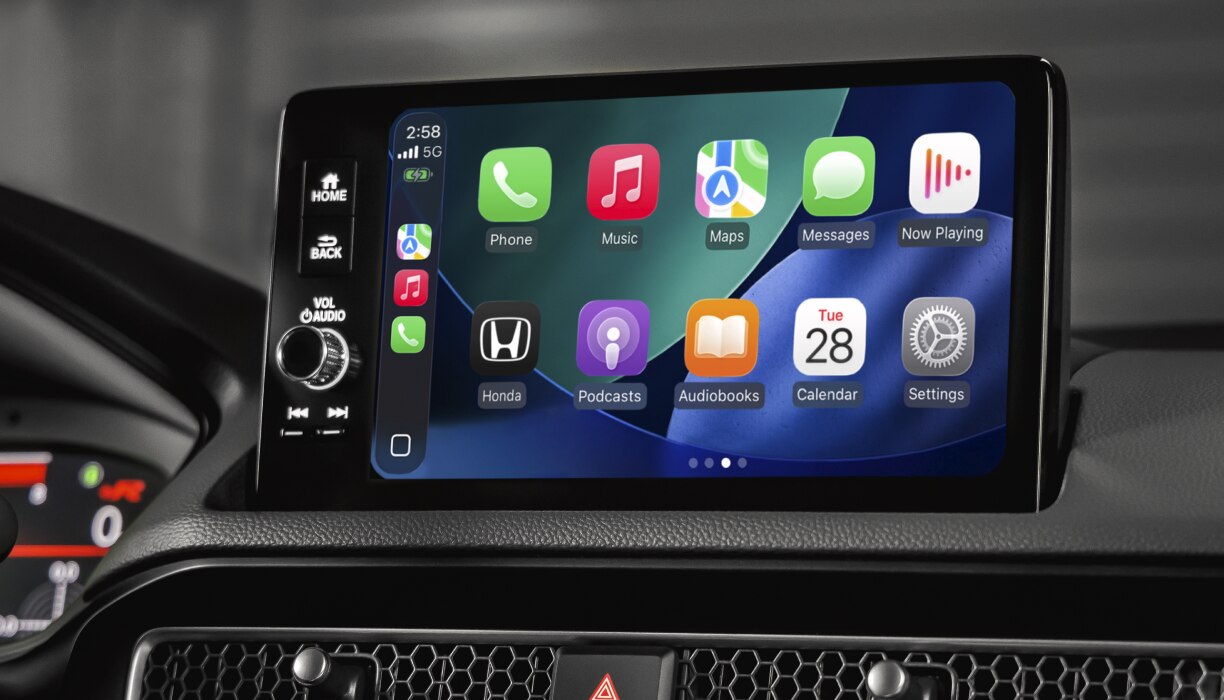 Closeup of touchscreen display on its home screen. 