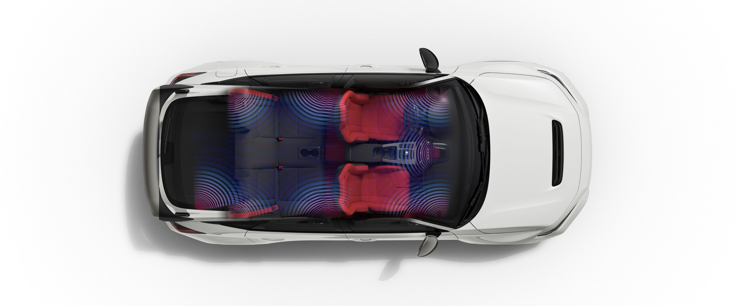 Bird's eye view of white Type R on white space with no roof. Blue/purple waves emitting, indicate where all the BOSE® speakers are. 