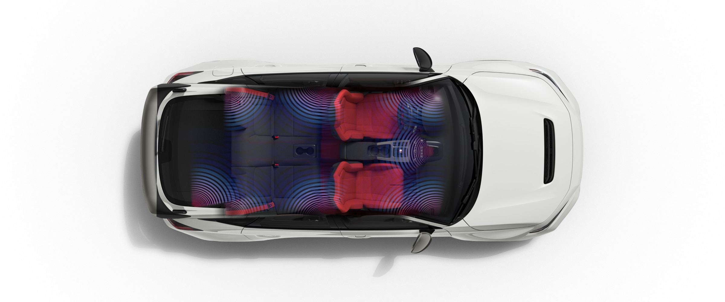 Vue en plongée d’une Type R blanche dans un espace blanc sans toit. Ondes bleu-mauve émises, indiquant l’emplacement des haut-parleurs BOSEMD.
