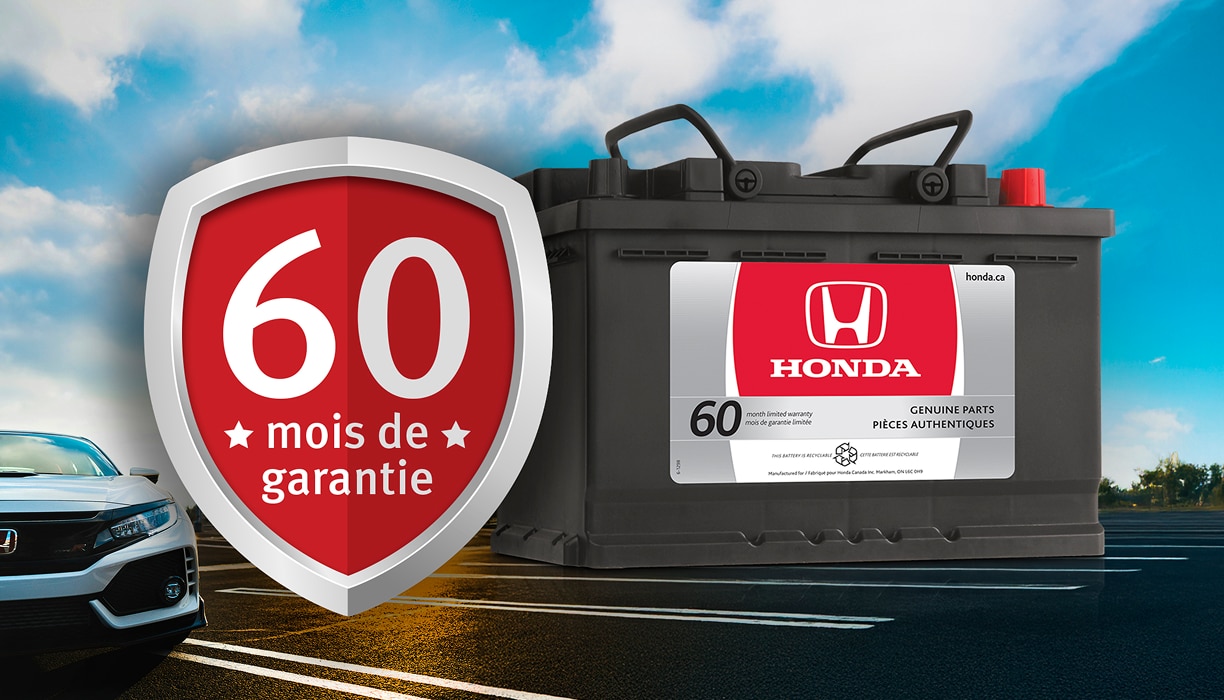 Une batterie Honda à côté d’un insigne indiquant une garantie de 60 mois.
